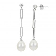 Sterling Silver Freshwater Cultured Pearl Paperclip Chain Drop Earrings