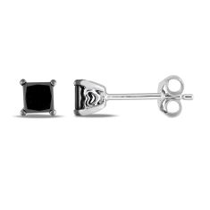 1/2ctw Princess Treated Black Diamond Solitaire Sterling Silver Stud Earrings