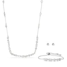 Swarovski Crystal and Zirconia Mesmera Rhodium-Plated White Stud Earrings, Bolo Bracelet, and Necklace Set