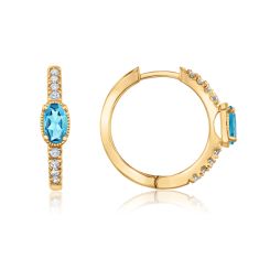 Swiss Blue Topaz and 1/6ctw Diamond Yellow Gold Huggie Hoop Earrings