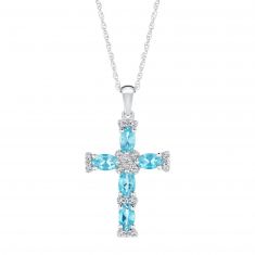Swiss Blue Topaz and Created White Sapphire Cross Necklace
