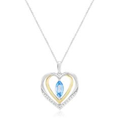 Swiss Blue Topaz and Created White Sapphire Two-Tone Gold Heart Pendant Necklace