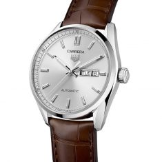 TAG Heuer CARRERA Calibre 5 Automatic Day-Date Silver Dial Leather Strap Watch | 41mm | WBN2011.FC6484