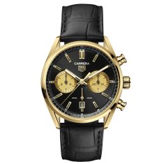 TAG Heuer CARRERA Chronograph Automatic Gold Black Leather Strap Watch 42mm - CBN2044.FC8313