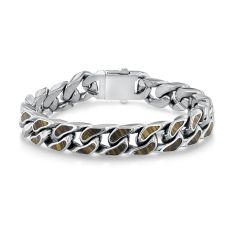 Tiger's Eye Inlay and Stainless Steel Solid Curb Link Chain Bracelet 12mm - 8.5 Inches
