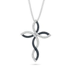 Treated Black Diamond Accent and Diamond Accent Cross Sterling Silver Pendant Necklace