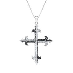 Treated Black Diamond and Diamond Cross Pendant Necklace on Box Chain 1/3ctw