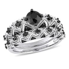 Treated Black Diamond Vintage-Inspired Lattice Engagement and Wedding Ring Bridal Set 1 1/4ctw