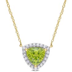 Trillion Peridot and White Topaz Halo Yellow Gold Pendant Necklace