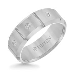 TRITON 1/10ctw Diamond Three-Stone Grey Tungsten Carbide Comfort Fit Wedding Band 8mm