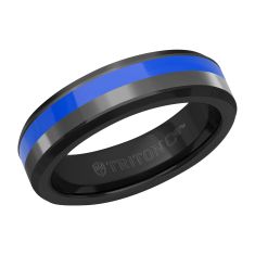 TRITON Black and Gunmetal Grey Tungsten Carbide with Blue Ceramic Inlay Comfort Fit Wedding Band 6mm