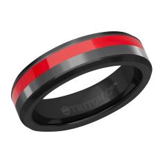 TRITON Black and Gunmetal Grey Tungsten Carbide with Red Ceramic Inlay Comfort Fit Wedding Band 6mm