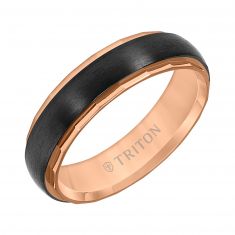 TRITON Black and Rose Titanium Faceted Edge Comfort Fit Wedding Band 6mm