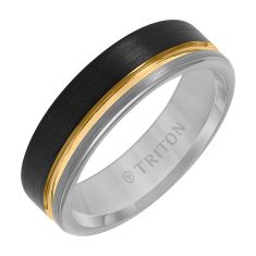 TRITON Black and Yellow Striped Grey Tungsten Carbide Comfort Fit Wedding Band 6.5mm