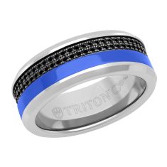 TRITON Black Sapphire, Grey Tungsten Carbide, and Blue Ceramic Double Row Eternity Comfort Fit Wedding Band 8mm
