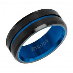 TRITON Black Tungsten Carbide and Blue PVD Center Stripe Comfort Fit Wedding Band | 8mm