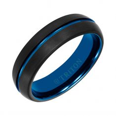 TRITON Black Tungsten Carbide and Blue PVD Center Stripe Comfort Fit Wedding Band | 6.5mm