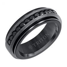 TRITON Black Tungsten Carbide and Silver Satin Finish Black Sapphire Wedding Band | 8mm