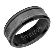 TRITON Black Tungsten Carbide with Grey Satin Center Comfort Fit Wedding Band | 8mm
