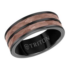 TRITON Espresso Brown and Black Tungsten Carbide Hammered Split Center Comfort Fit Wedding Band 8mm