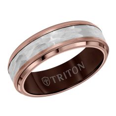 TRITON Espresso Brown and White Tungsten Carbide Hammered Center Comfort Fit Wedding Band 7mm