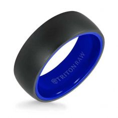 TRITON Raw Black DLC Tungsten Carbide with Blue Ceramic Sleeve Comfort Fit Wedding Band | 8mm