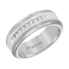 TRITON 1/4ctw Diamond Grey Tungsten Carbide and Sterling Silver Comfort Fit Wedding Band 8mm