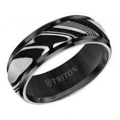 TRITON Black Tungsten Carbide and Damascus Steel Beveled Edge Comfort Fit Wedding Band | 8mm