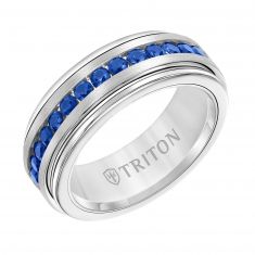 TRITON White Tungsten Carbide Blue Sapphire Comfort Fit Wedding Band | 8mm