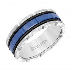 TRITON White Tungsten Carbide with Blue and Black Ceramic Center Comfort Fit Wedding Band | 8mm