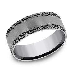 image of Tungsten Milgrain and Mokume Pattern Edge Comfort Fit Band 8mm with sku:096858FCERTG