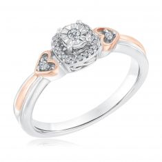 Two-Tone Diamond Cushion and Double Heart Promise Ring 1/10ctw