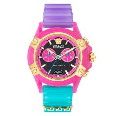 Versace Icon Active Chronograph Transparent Pink Case Purple and Blue Silicone Strap Watch 44mm - VE8P00424