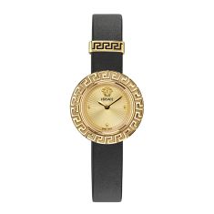 Versace La Creca Gold-Tone Dial Black Leather Strap Watch 28mm - VE8C00224