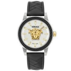 Versace Medusa Deco Silver Guilloche Dial Black Leather Strap Watch 43mm - VE9I00124