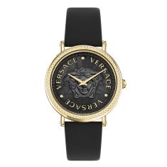 Versace V-Dollar Black Dial and Black Leather Strap Watch | 37mm | VEQX00422