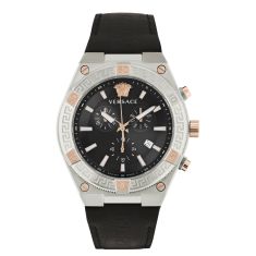 Versace V-Sporty Greca Black Dial and Black Leather Strap Watch | 46mm | VESO00422
