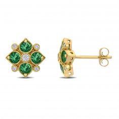Vintage-Inspired Emerald and Diamond Geometric Stud Earrings 1/8ctw