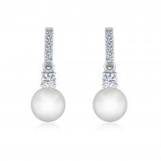 White Freshwater Cultured Pearl and Created White Sapphire Sterling Silver Drop Earrings