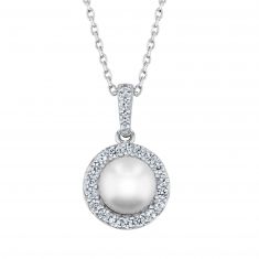 White Freshwater Cultured Pearl and Created White Sapphire Sterling Silver Pendant Necklace