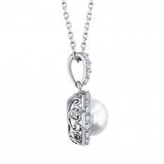 White Freshwater Cultured Pearl and Created White Sapphire Sterling Silver Pendant Necklace