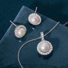 White Freshwater Cultured Pearl and Created White Sapphire Sterling Silver Pendant Necklace