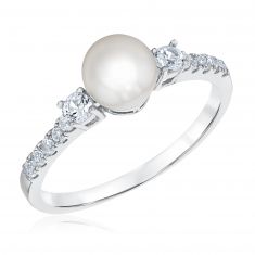 White Freshwater Cultured Pearl and Created White Sapphire Sterling Silver Ring