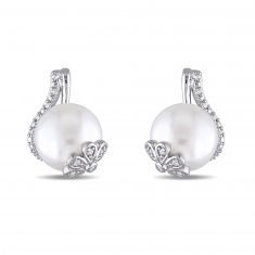 image of White Freshwater Cultured Pearl and Diamond Floral Earrings in Sterling Silver 1/10ctw with sku:RDJ002515