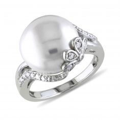 image of White Freshwater Cultured Pearl and Diamond Sterling Silver Floral Ring 1/20ctw with sku:RDJ002510