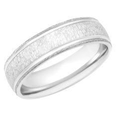 White Gold Engraved Rolled Edge Hammered Comfort Fit Wedding Band 6mm - REEDS Priority