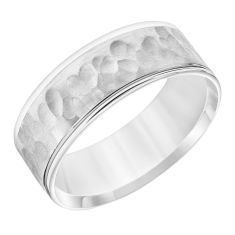 White Gold Engraved Hammered Comfort Fit Wedding Band 7.5mm - REEDS Priority