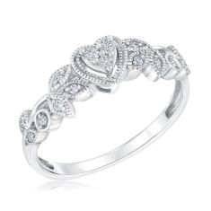 White Gold Heart and Leaf Diamond True Promise Ring 1/8ctw