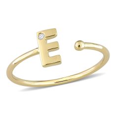 Yellow Gold Diamond Accent Initial E Open Ring