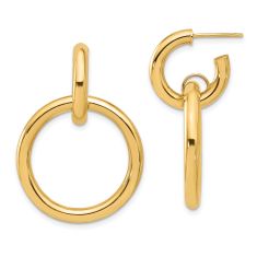 Yellow Gold Double Circle Hoop Drop Earrings